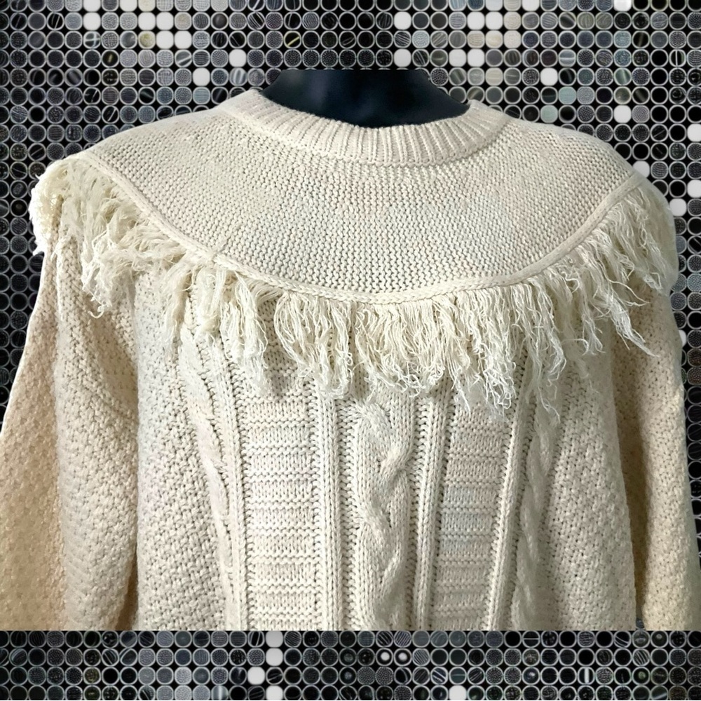 Listicle Cream Fringe Cable Knit Crewneck Sweater